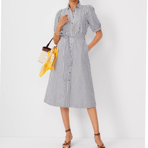 Ann Taylor Stripes Puffed Sleeves A-line Midi Petite Shirt Dress - Picture 3 of 8